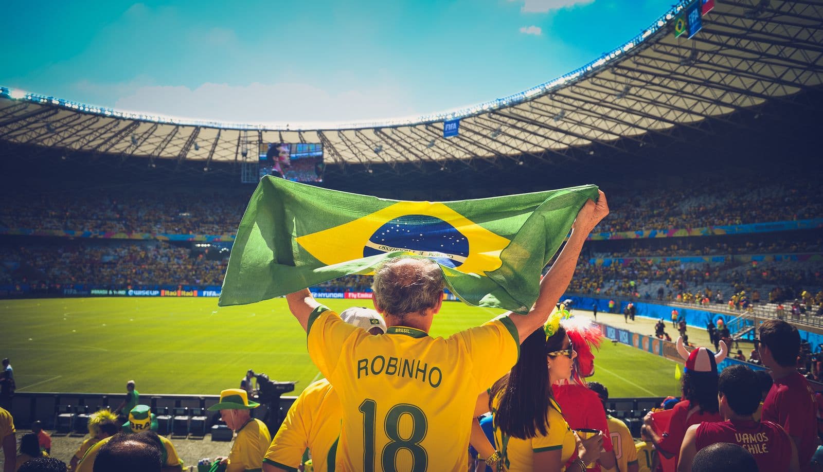 Torcida brasileira em festa no estádio, com a bandeira do Brasil erguida